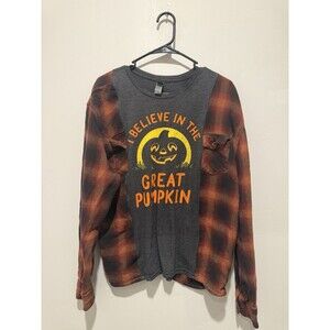 Reworked Upcycle Grunge Oversize Charlie Brown Halloween  Flannel Sweater M/L